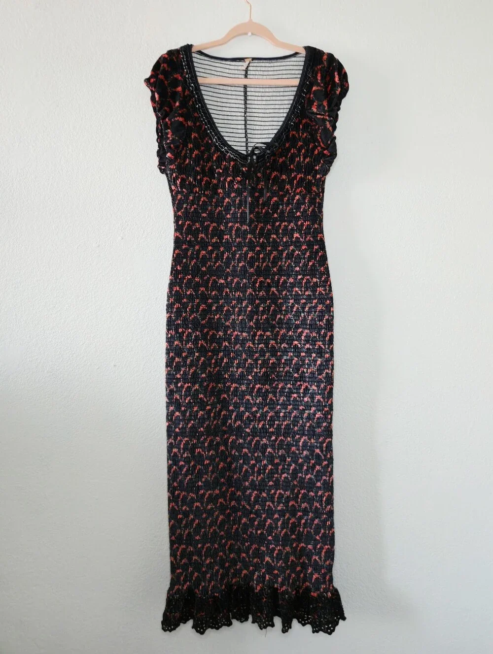 Free People McKenna V Neck Smocked Black & Red Velvet Bodycon Maxi Black Medium